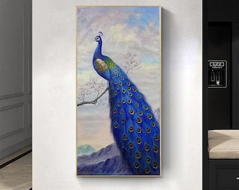 Peacock Oil Painting,Blue Painting on Canvas,Birds Art Decor,Original Peacock Art,Contemporary Modern Original Animal Art,Gift for Mother