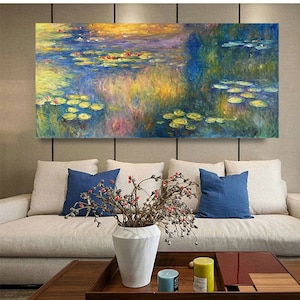 Hand-Painted Claude Monet Water Lilies Oil Painting: Lotus Pond Landscape