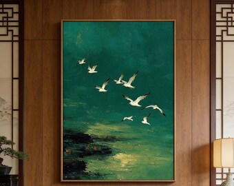 Seagulls Over Emerald Sea Acrylic Canvas Art,Original Coastal Bird Painting for Modern Home Decor Nautical Wall Art Gift