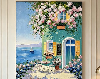 Mediterranean Coastal Villa With Bougainvillea Wall Art,Colorful Seaside Town Oil Painting,Summer Ocean Sailboat Wall Decor for Living Room