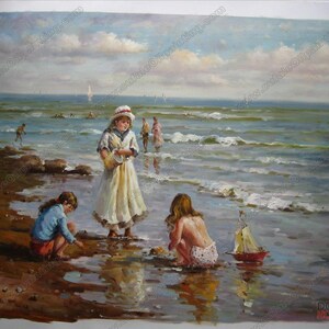 May include: A painting of a beach scene with three children playing in the sand. The children are wearing summer clothes and are playing with a toy boat. The beach is sandy and the water is blue. The sky is cloudy and there are some trees in the background.