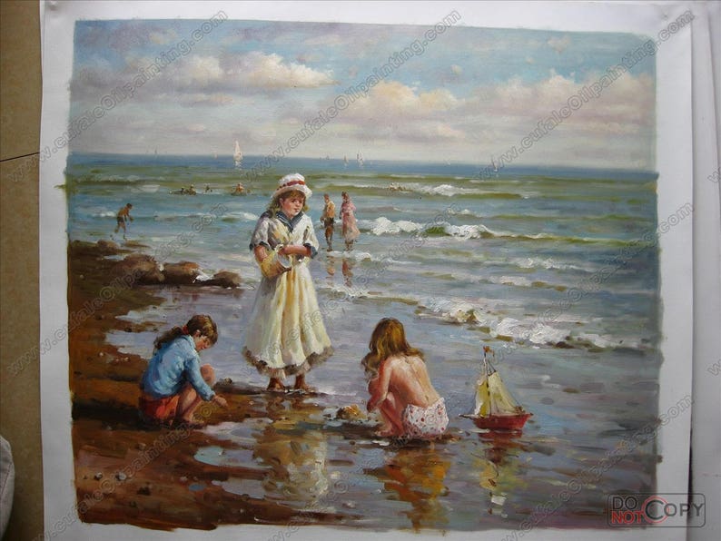May include: A painting of a beach scene with three children playing in the sand. The children are wearing summer clothes and are playing with a toy boat. The beach is sandy and the water is blue. The sky is cloudy and there are some trees in the background.