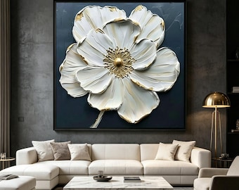 3D Textured White Floral Canvas Painting,Heavy Impasto Gold Leaf Flower Wall Art, Hand‑Painted Navy Blue  Home Decor,Large Square Wall Art
