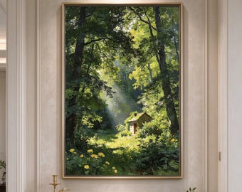 Forest Cottage Canvas Painting,Textured Woodland Sunbeam Wall Art,Dark Cottagecore  Lover Housewarming Gift,Green Nature Landscape Artwork