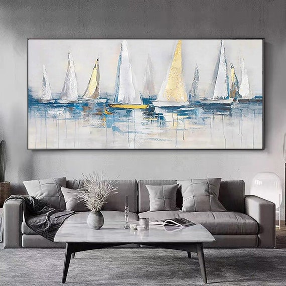 Abstract Sailboats Painting: Blue & Gold Ocean Art on Canvas