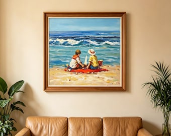 Hand Painted Original Children Playing Beach Oil Painting,Coastal Wall Art,Impressionist Beach Scene Art,Coastal Wall Art,Gift for Children