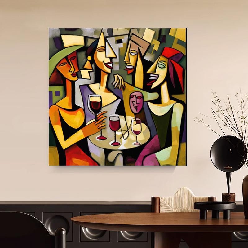 Picasso style Abstract Girl Happy Family drinking Handpainted Oil Painting on Canvas Modern Nordic Figure Living Room Decoration