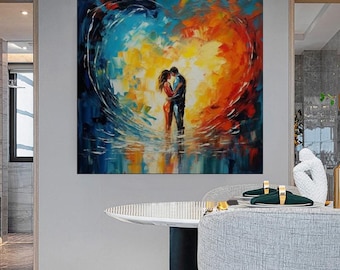 壁にオリジナルのモダンな抽象画、明るいカラフルな絵、質感のある