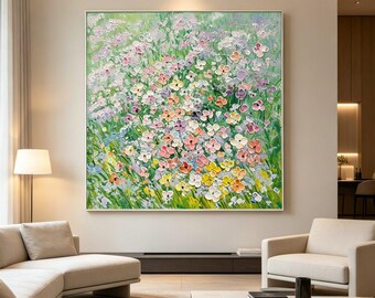 Hand-Painted Textured Wildflower Meadow Acrylic Canvas Art,Impressionist Floral Wall Decor ,Colorful Spring Flower Field Painting