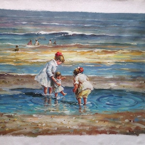 Children Playing at the Seashore ,Edward Potthast oil painting reproduction,Ocean Painting,Little Girls on the Beach,large wall art canvas