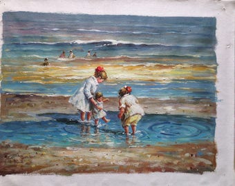 Edward Potthast Seascape Oil Painting: Children Playing on Beach Canvas