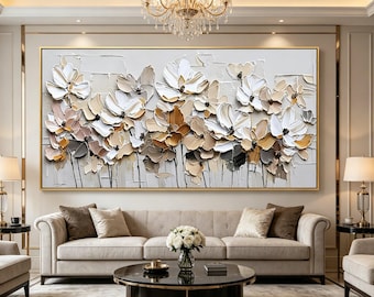 Hand Painted Neutral White Gold Floral Abstract Canvas Wall Art,3D Thick Texture Palette Knife Acrylic Painting,Minimalist Floral Wall Decor