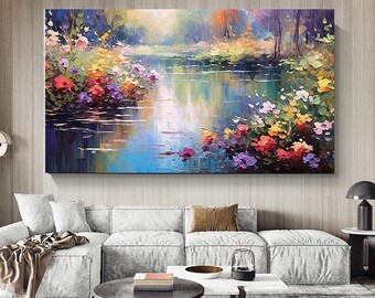 Colorful  Flowers Landscape Wall Art,handpainted Large Original Green Forest Oil Painting,Home Decor,Custom Painting,Living Room Decor