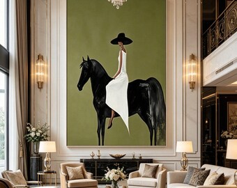 Equestrian Woman Black Horse Canvas,Minimalist Olive Green Lady Rider Painting,Horse racing and Riders wall artFarmhouse Decor,Wall Decor