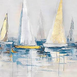 May include: A painting of a seascape with multiple sailboats in shades of white, blue, and gold. The sailboats are arranged in a line, with the water in the foreground and a light blue sky in the background.