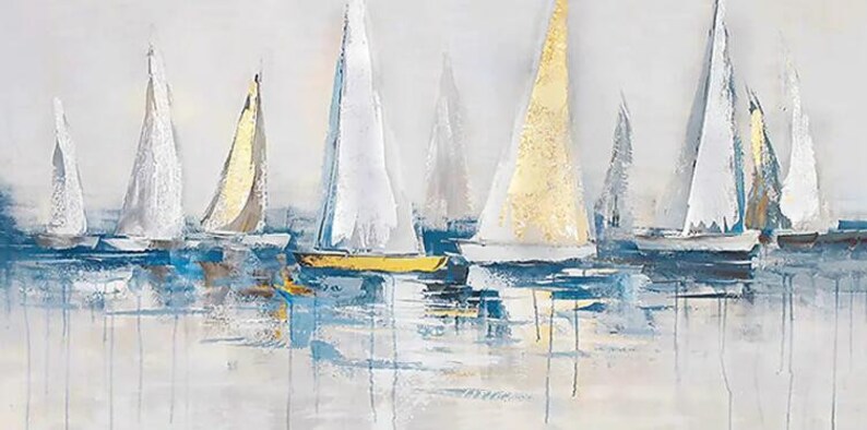 May include: A painting of a seascape with multiple sailboats in shades of white, blue, and gold. The sailboats are arranged in a line, with the water in the foreground and a light blue sky in the background.