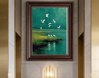 Seagulls Over Emerald Sea Acrylic Canvas Art, Coastal Bird Painting, Modern Nautical Wall Art