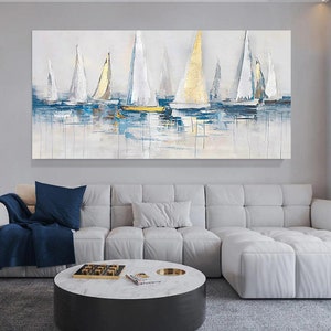 May include: A painting of sailboats on a body of water. The sailboats are white with blue accents and are sailing on a light blue body of water. The background is a light blue and white abstract design.