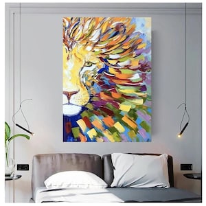 Hand Painted Lion Oil Painting on Canvas,Large Abstract Animal Canvas Wall Art, Textured Modern Impressionist Lion Artwork for Living Room