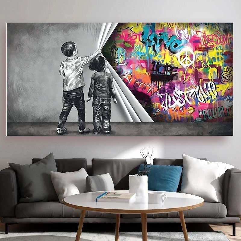Street Graffiti Art Behind the Curtain Canvas Paintingboy and
