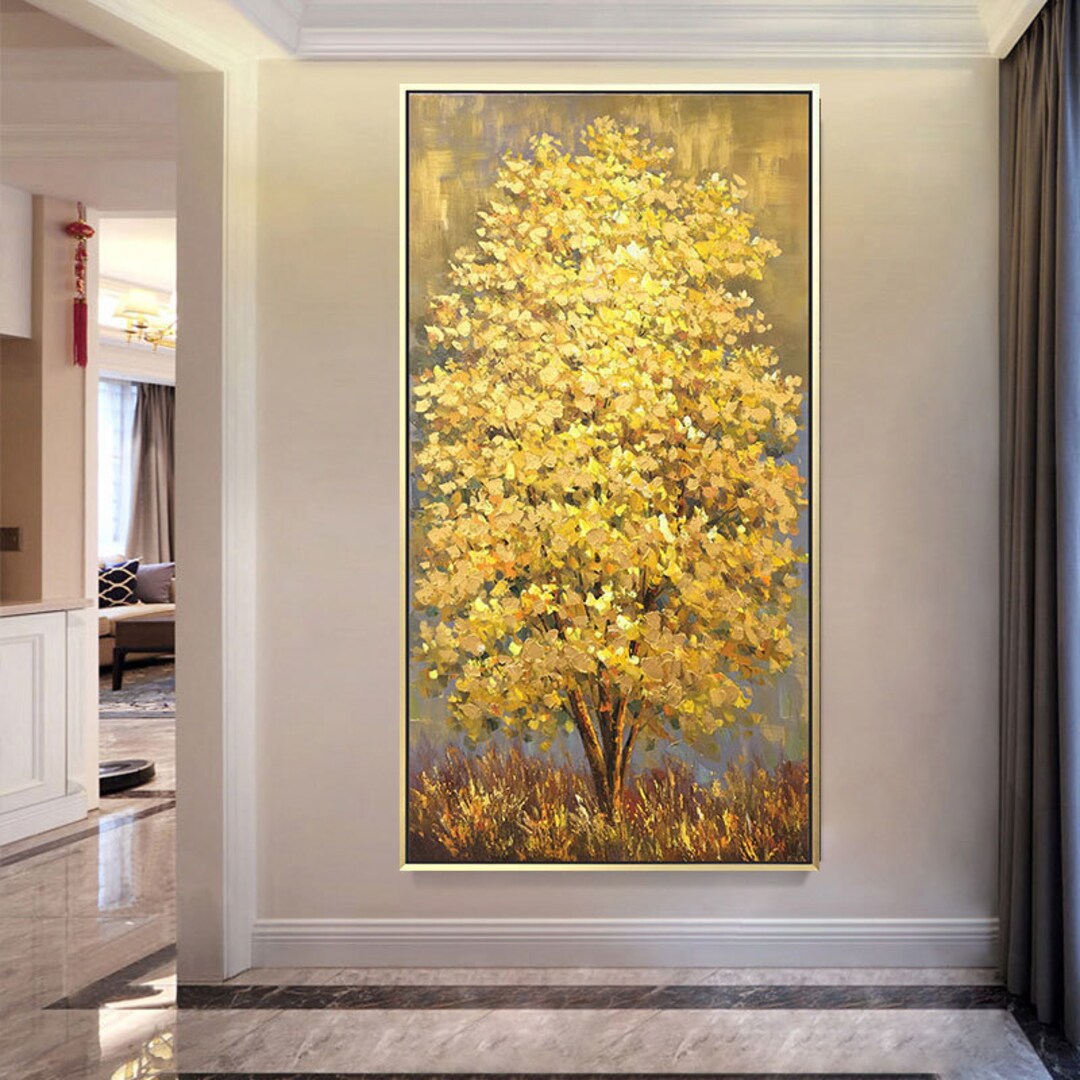 Large Golden Tree Oil Painting on Canvas: Textured Abstract Wall Art - Etsy