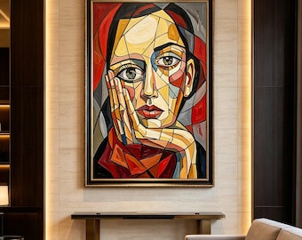 Cubist Woman Portrait Oil Painting,Hand Painted Modern Canvas Art Abstract Mosaic Wall Decor,Large Artwork Unique Gift, Picasso  Style