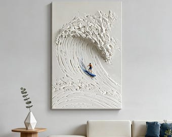 Textured Surfing Wave Painting,3D Minimalist Ocean Decor,Acrylic Canvas Art,Coastal Surfboard Decor,Modern Beach Art,Surfer Lover Artwork