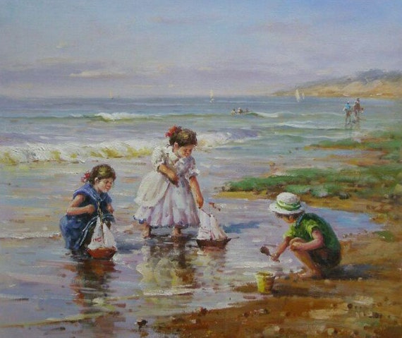 Bambini pittura ad olio pittura su tela / legare i bambini giocare sulla  spiaggia ,Ocean Oil Painting Seascape Pittura Bambini Arte,Wall Art Home  Decor -  Italia