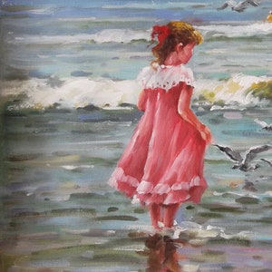 Children Playing on Beach Oil Painting, Seascape Art image 2