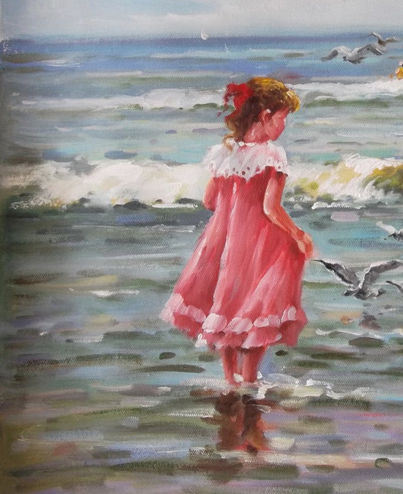 Children Playing on Beach Oil Painting, Seascape Art image 2