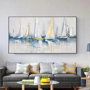 May include: Abstract painting of sailboats in shades of blue, white, and gold on a white background. The sailboats are arranged in a row, with the largest sailboat in the center. The painting has a textured, brushstroke effect.