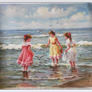 Children Playing on Beach Painting,seascape oil painting,Ocean Painting,kids painting,Children Art,Landscape Painting,Girls Painting