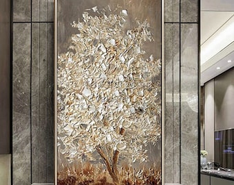 Silver Tree of Life Oil Painting,Abstract White Blossom Palette Knife Art,Hand-Painted Thick Impasto Art,Luxury Housewarming Gift