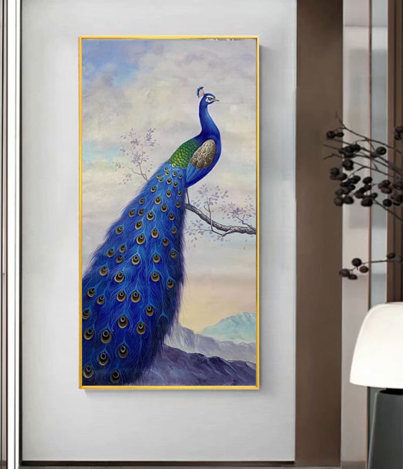 Peacock Oil Painting,birds Art Decor,original Blue Peacock Art