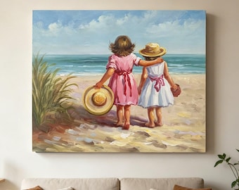 Hand Painted Children Playing Beach Oil Painting,Coastal Wall Art,Impressionist Beach Scene Art,Coastal Wall Art,Gift for Girls
