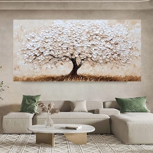 White Flower Wall Art,Landscape Painting,Textured Flower Tree Painting Wall Art Nature Oil Painting Abstract Landscape Original Art