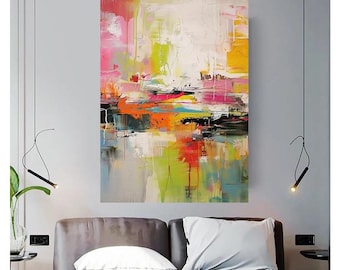 Abstract Colorful Wall Art,Modern Acrylic Painting on Canvas,Contemporary Home Decor,Vibrant Pink Orange Yellow Artwork