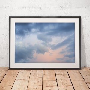 Blue and Orange Sky Abstract Art, Sunset Clouds Photograph, Delicate Colors, Printable Wall Art, Digital Download