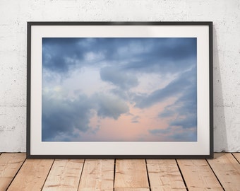 Blue and Orange Sky Abstract Art, Sunset Clouds Photograph, Delicate Colors, Printable Wall Art, Digital Download