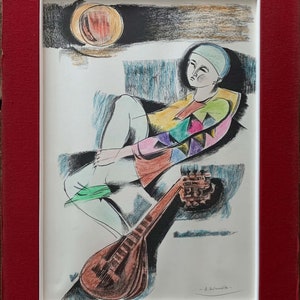 Alberto Bolzonella hand colored lithograph Harlequin 50x35 signed ref 4684