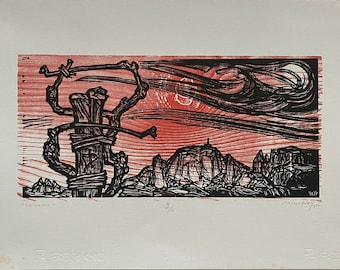 etching engraving Remo Wolf woodcut my land Trentino 50x35 signed numbered '80 "Legami"