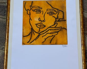 イタリアのヴィンテージアート、ジョヴァンニ・マランギのエッチング「Volto」オレンジ、70x50cm、サイン入りカラープルーフA、額装済み