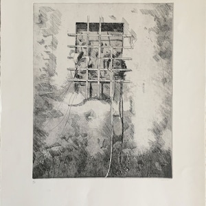 May include: A black and white etching of a window with a barred gate. The window is set in a brick wall and there are vines growing around it.
