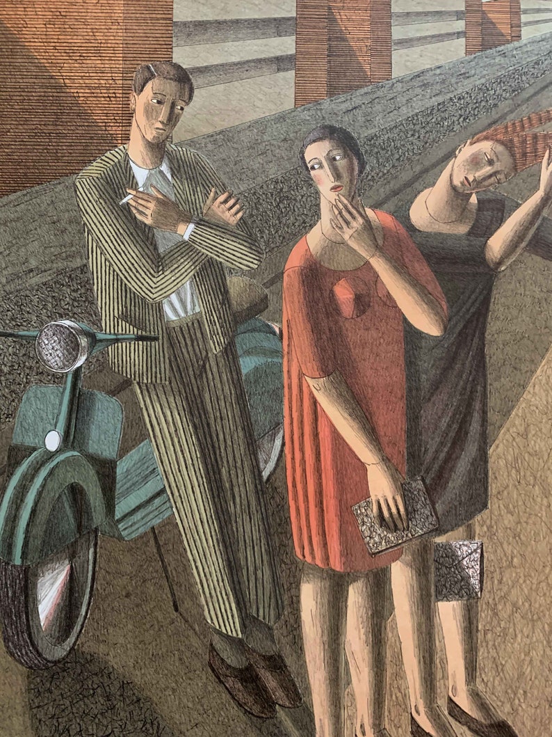 RODOLFO MELI lithography Figure with Vespa 80x60 signed numbered futurism Cubism