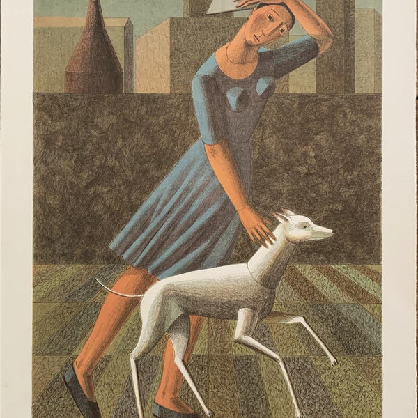 architecture art Italy RODOLFO MELI lithograph Woman with dog 80x60 signed numbered futurism cubism
