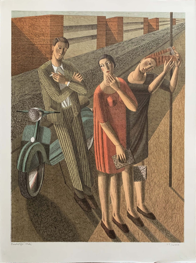 RODOLFO MELI lithography Figure with Vespa 80x60 signed numbered futurism Cubism