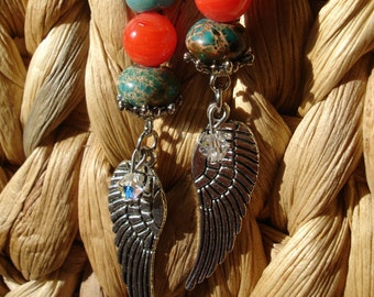 Coral & turquoise boho drop earrings