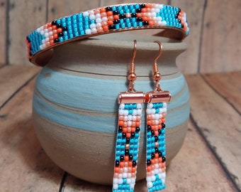 Bead loomed copper channel bangle bracelet & matching earrings