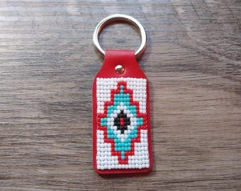 Native inspired bead loomed leather keychain