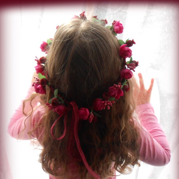 Flower Crown hairpiece, burgundy dark red handmade wreath Bride Bridesmaid Boho Wedding Flower Girl Child & Adult